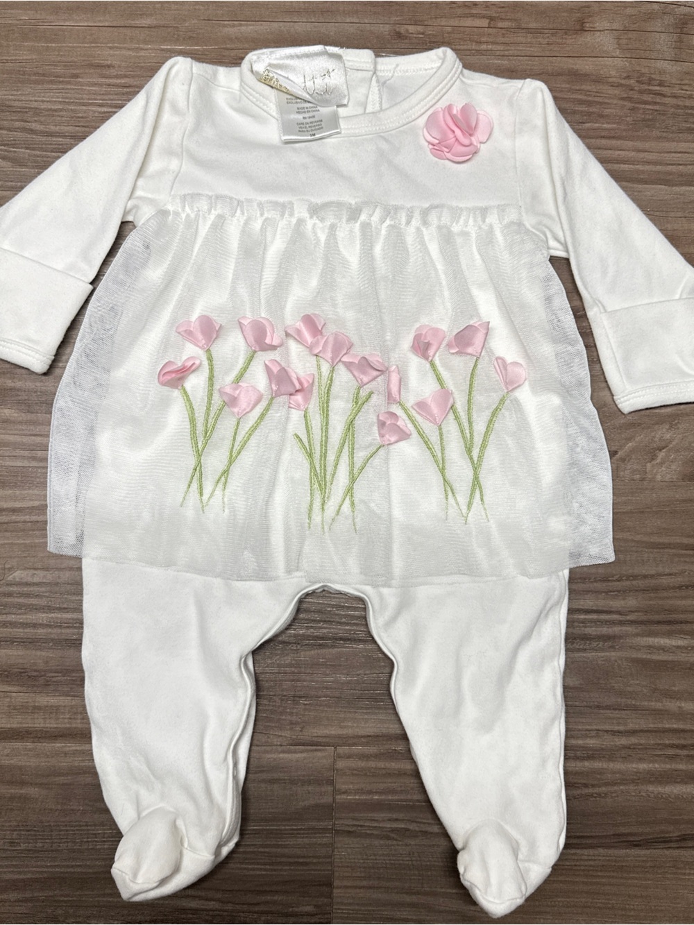 Biscotti Vtg White Cottagecore Pink Tulle Tulip Dress Footie 3M